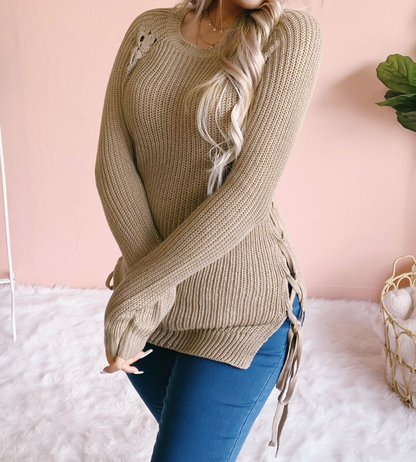 Lace Up Decoration Knitted Winter Sweater For Women