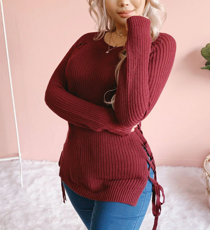 Lace Up Decoration Knitted Winter Sweater For Women