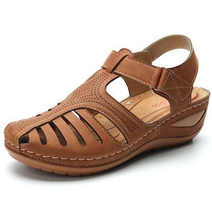 Women’s Retro Summer Wedge Sandals | Hook & Loop Closure Hollow-Out Beach Casual Shoes