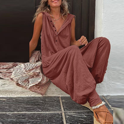 Women's Casual Drop Buttoned V-Neck Sleeveless Baggy Jumpsuits