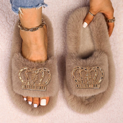 Womens Queen Crown Themed Flat Furry Winter Home Slippers