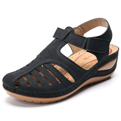 Women’s Retro Summer Wedge Sandals | Hook & Loop Closure Hollow-Out Beach Casual Shoes