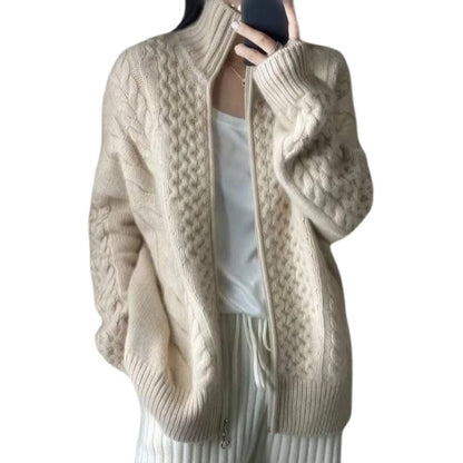 High Necked Thick Cashmere Women Knitted Cardigan