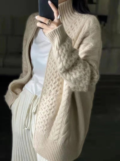 High Necked Thick Cashmere Women Knitted Cardigan