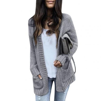 Women's Cherry Coded Loose Knit Cardigan with Pockets | Solid Color Autumn Sweater