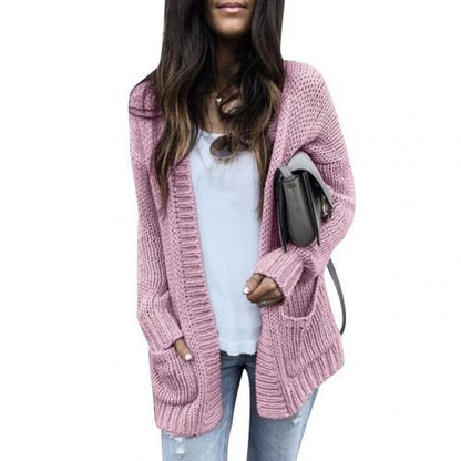 Women's Cherry Coded Loose Knit Cardigan with Pockets | Solid Color Autumn Sweater