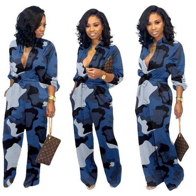 Womens Camouflage Long Sleeve Wide Leg Autumn Jumpsuit Rompers