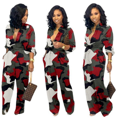 Women’s Leopard Camouflage Jumpsuit – Tied Waist, Long Sleeve Romper, Casual Streetwear One-Piece Overalls