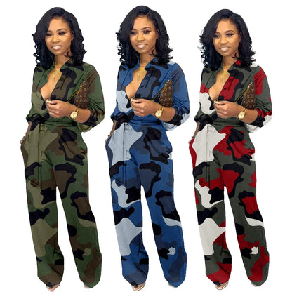 Womens Camouflage Long Sleeve Wide Leg Autumn Jumpsuit Rompers