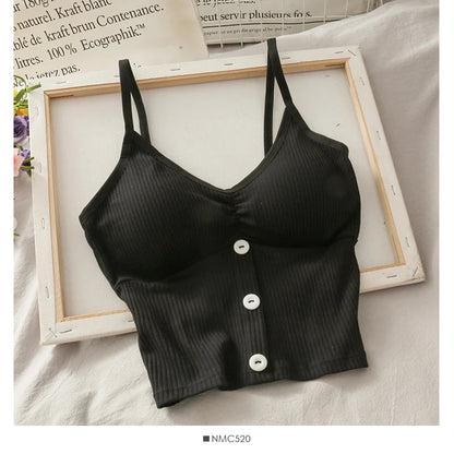 Women's Black Strap Down Button Crop Top