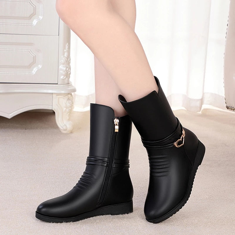 Womens Black Leather Mid Calf Boots – 4Colordress