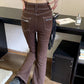 Women Summer Style Belt Decoration Flared Brown Jean Pant