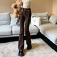 Women Summer Style Belt Decoration Flared Brown Jean Pant