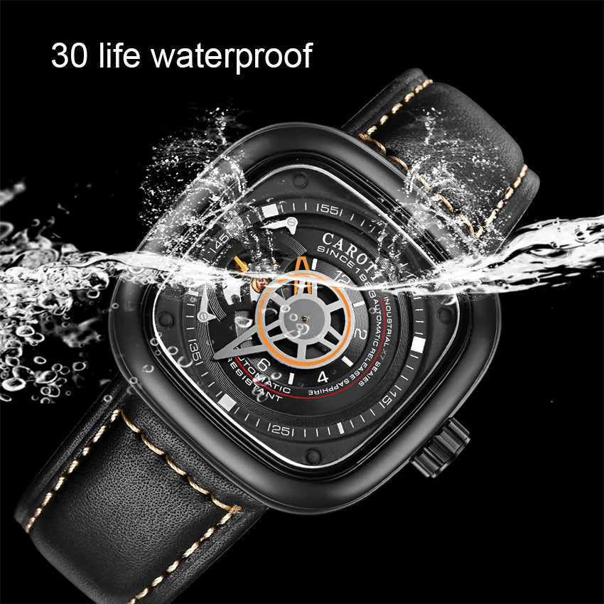 Mens Mechanical Dial Square Case Leather Band Casual Watches