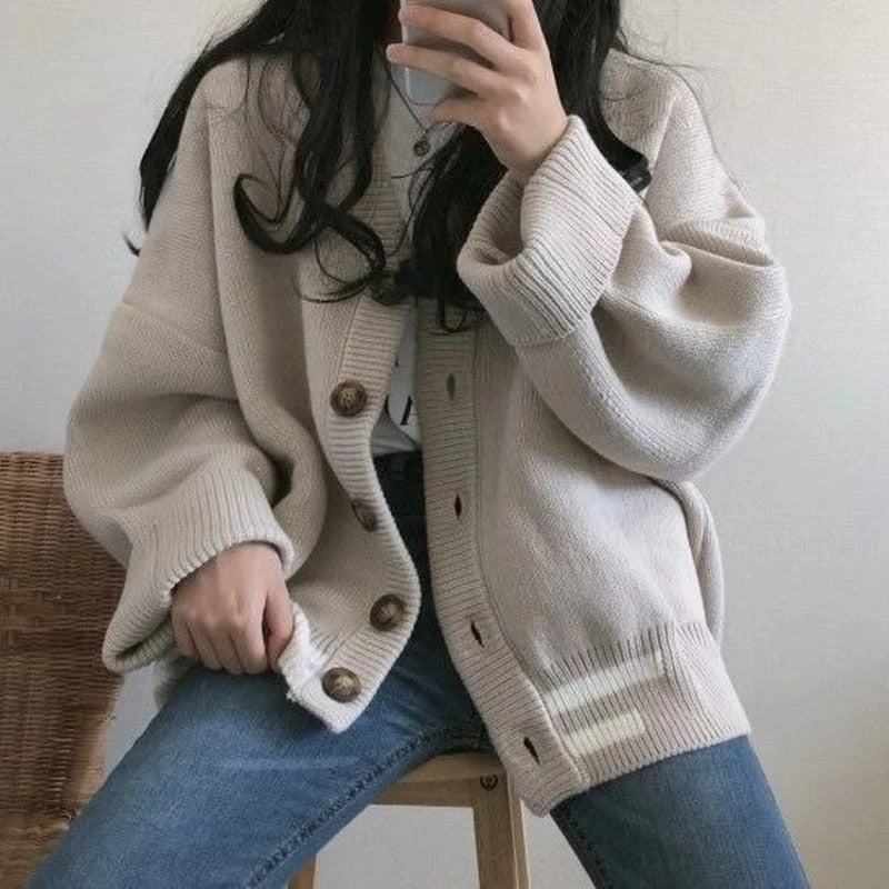 Women's Korean Style V-Neck Loose Fit Cardigan Sweaters