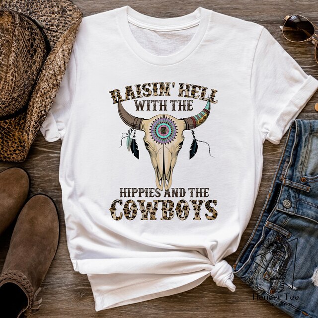 Bull Horns Skull Print Western Themed T-Shirts