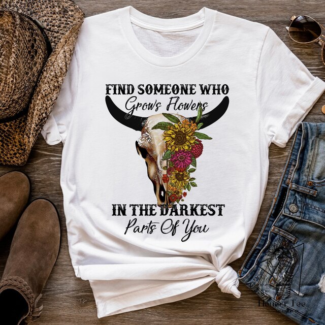Bull Horns Skull Print Western Themed T-Shirts