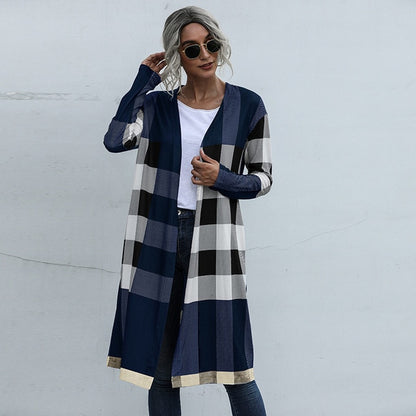 Plaid Fashion Unbuttoned Straight Long Cardigan