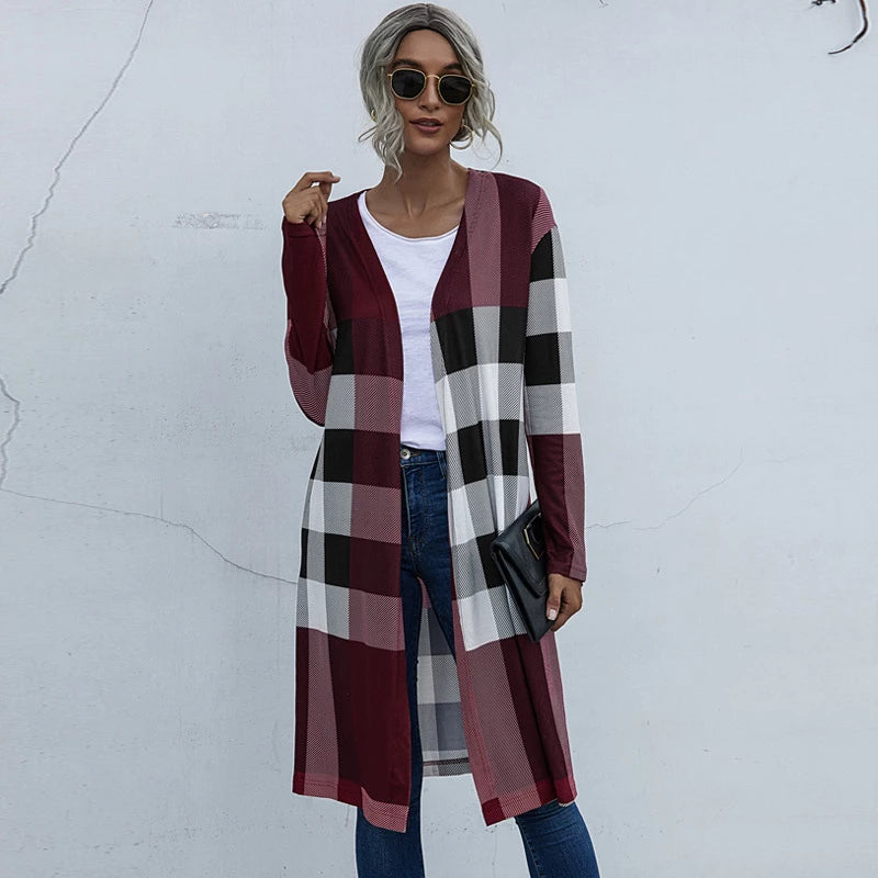 Plaid Fashion Unbuttoned Straight Long Cardigan