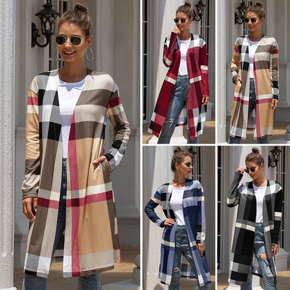 Plaid Fashion Unbuttoned Straight Long Cardigan