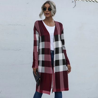 Plaid Fashion Unbuttoned Straight Long Cardigan