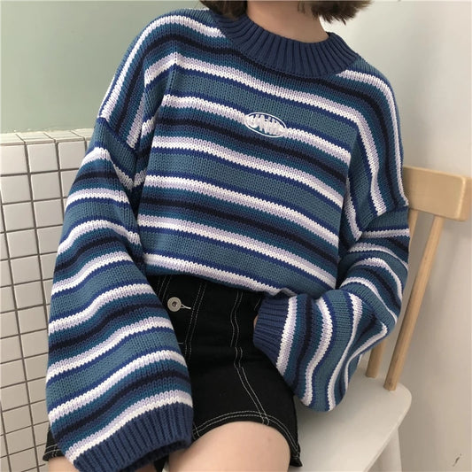 White Striped Mock Neck Cropped Pullovers Women Sweaters