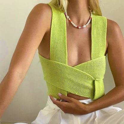 New 2025 Spring/Summer Women’s Fashion Sweater Vest – Sexy Bandage Y2K Knit Tank Top with Cross Straps, Crop Pullover