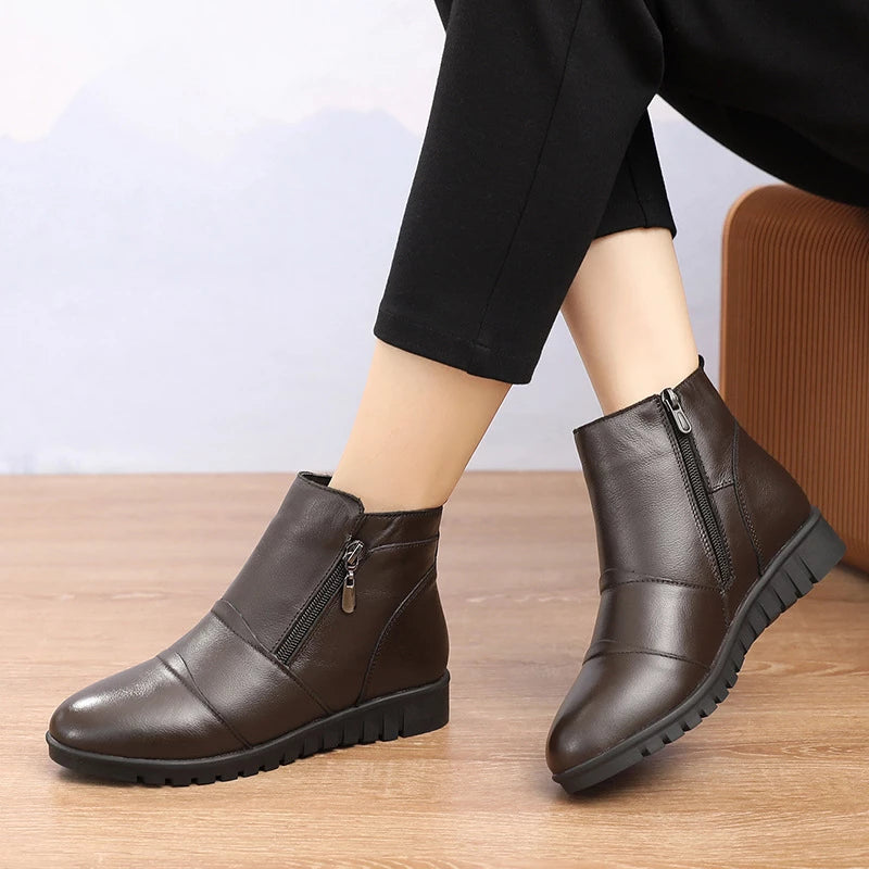 Womens Ankle Zipper Genuine Leather Non-Slip Winter Shoes