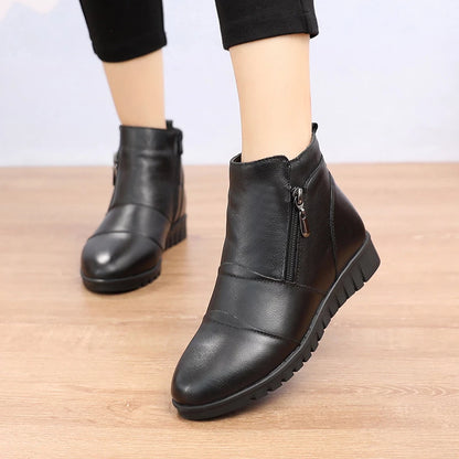 Womens Ankle Zipper Genuine Leather Non-Slip Winter Shoes