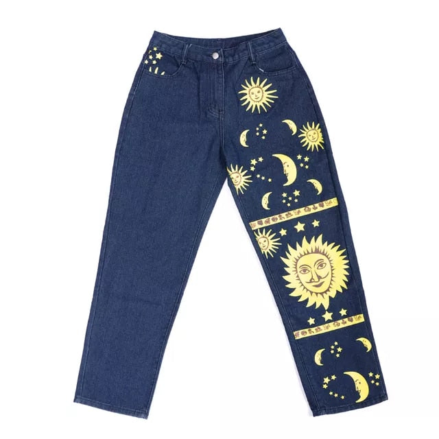 Women S 4XL Plus Size Moon Sun Star Printed Jeans