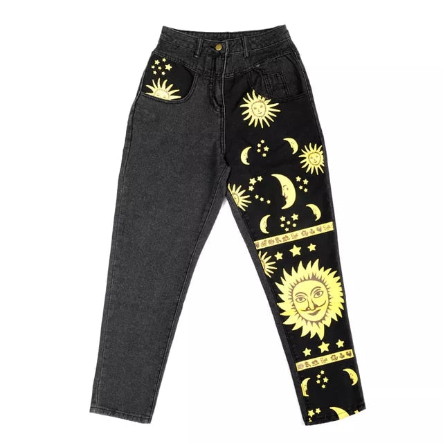 Women S 4XL Plus Size Moon Sun Star Printed Jeans