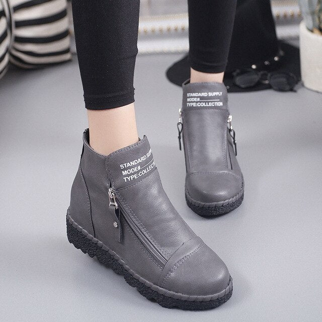 Womens Casual Leather Ankle Zipper Winter Boots