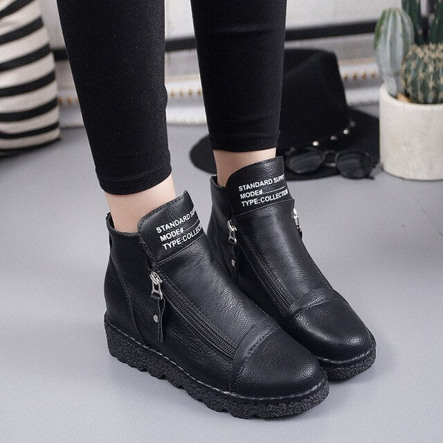 Womens Casual Leather Ankle Zipper Winter Boots