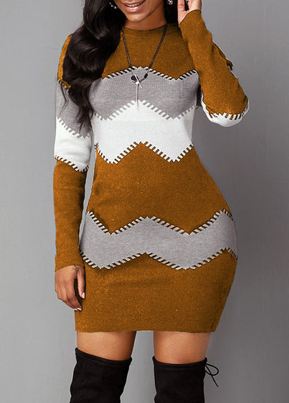 2025 Autumn/Winter Women’s Elegant Patchwork Long Sleeve Dress – Warm Rib Knit Sweater Dress, Casual Turtleneck Pullover Mini Dress