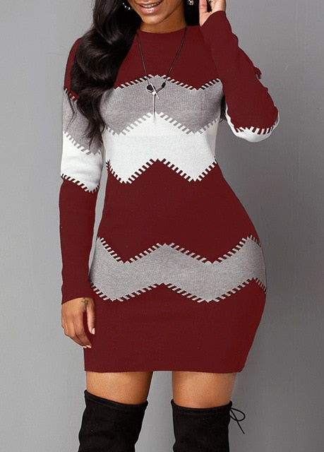 2025 Autumn/Winter Women’s Elegant Patchwork Long Sleeve Dress – Warm Rib Knit Sweater Dress, Casual Turtleneck Pullover Mini Dress