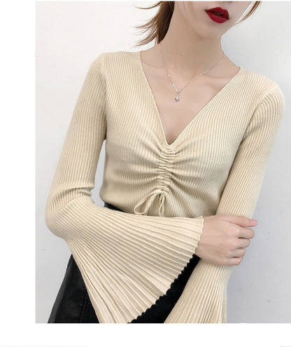 Women Drawstring V-Neck Thin Sweaters