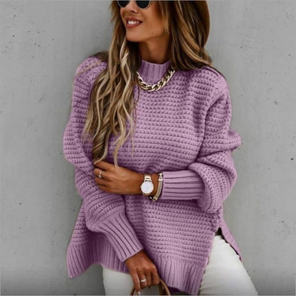 New Autumn/Winter Women's Half-Turtleneck Sweater – Solid Color Glove-Head Side Slit Knit Fashion Trend Commuter Sweater