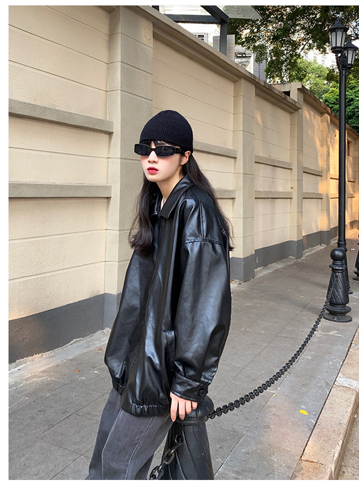 Womens Winter Loose Black Leather Coats