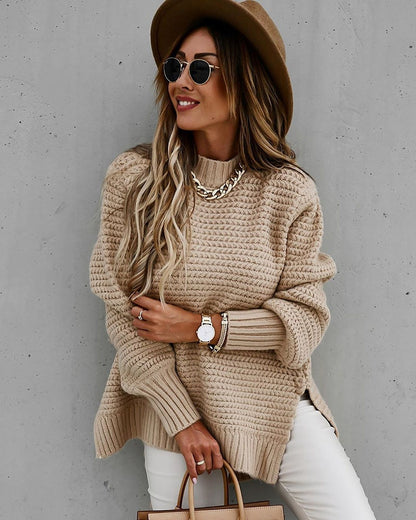 Autumn Winter Mock Neck Batwing Sleeve Women Knitted Sweater