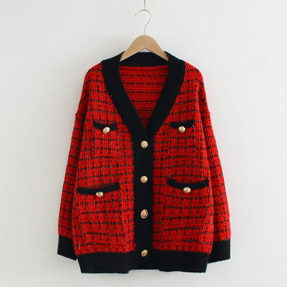 Black Edge Plaid Womens Winter Cardigan Sweaters