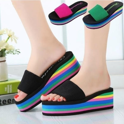 Multi Color Rainbow Platform Heel Summer Women Slippers