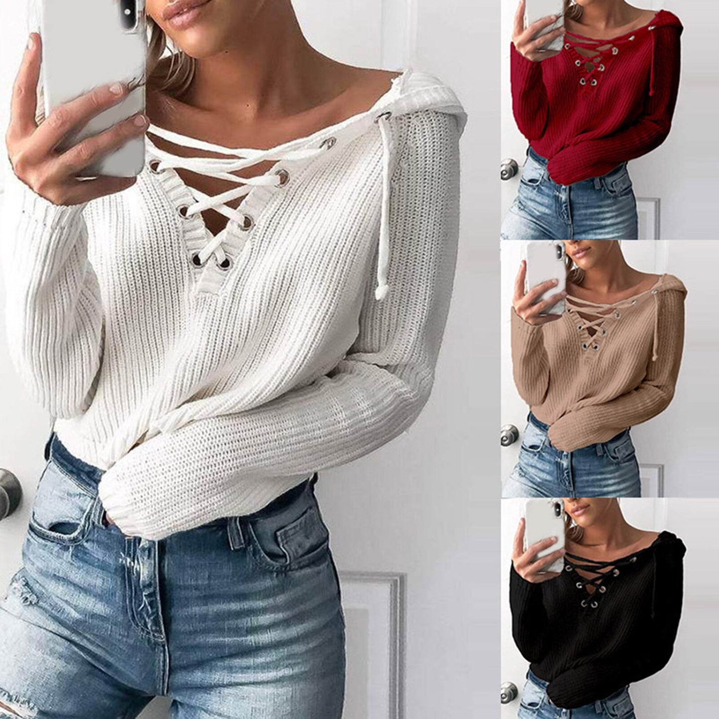 2025 Autumn Winter Women's V-Neck Long Sleeve T-Shirt – Solid Color Loose Fit Casual Top