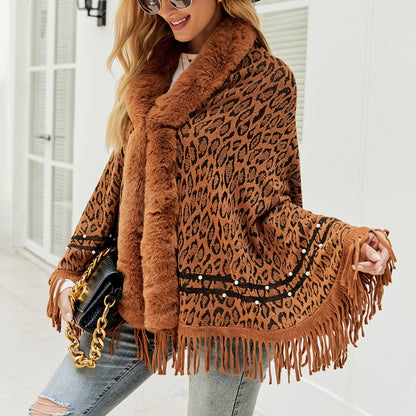 Womens Leopard Color Faux Fur Collar Thick Winter Warm Shawl Jackets