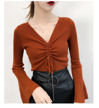 Women Drawstring V-Neck Thin Sweaters