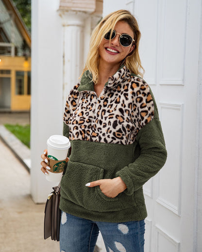 2025 Winter Women's Leopard Patchwork Fleece Sweater – Fluffy Thick Warm Zipper Pullover Sherpa Coat