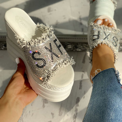 Ladies Crystal Wedges High Heel Sandals Summer Shoes with Thick Sole Diamond Platform Mules Slippers for Women