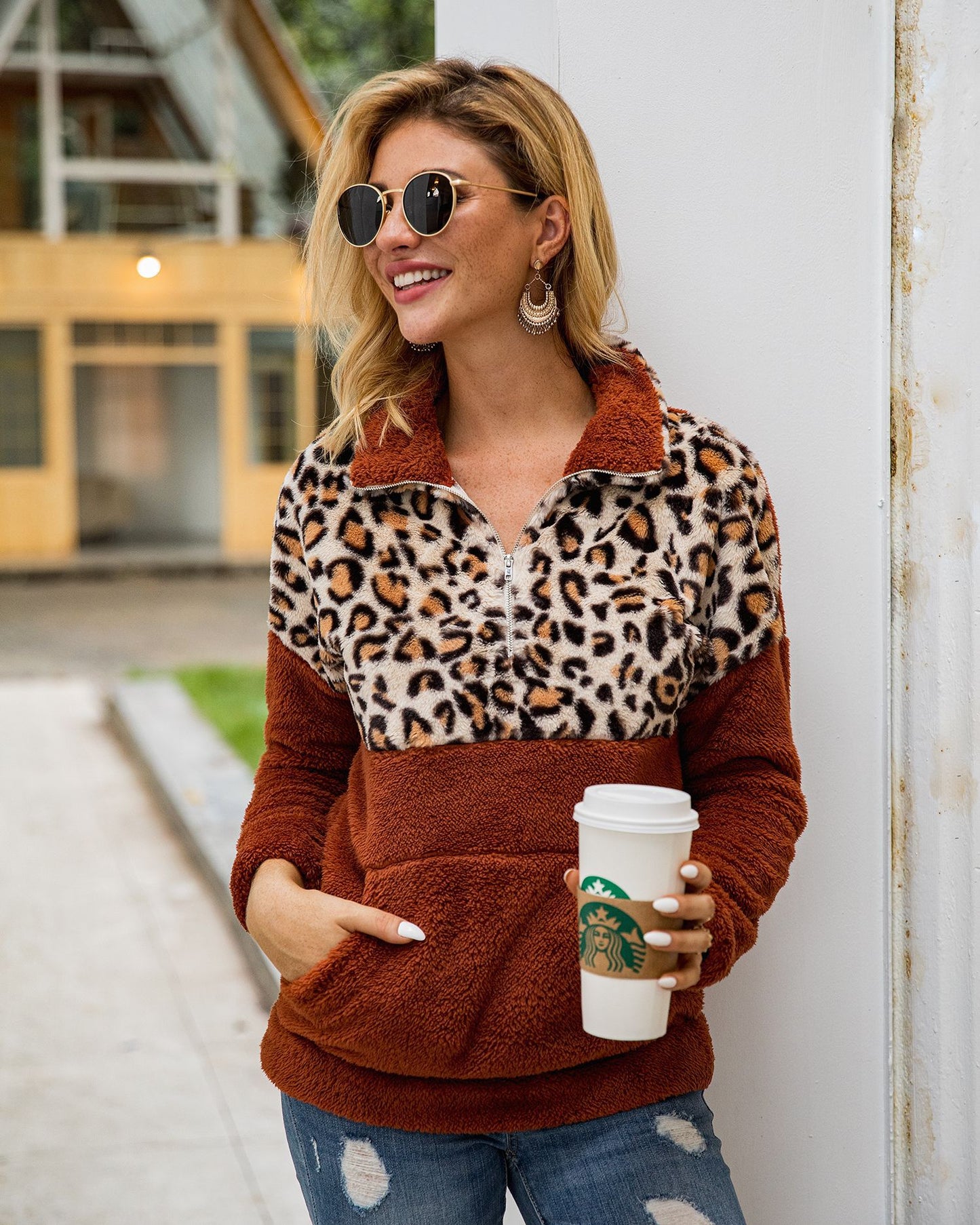 Women Half Leopard Zipper Sweaters
