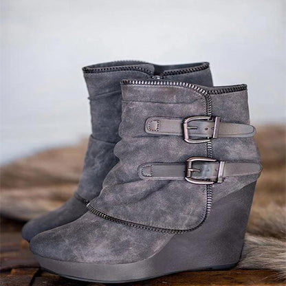 Women's Wedge Ankle Boots – Fashion Solid Color Buckle, Side Zip Platform Pumps with Round Toe, Comfortable Roman Boots