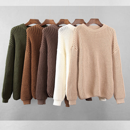 Autumn/Winter New Women’s Solid Color Knitted Top – Round Neck Pullover Sweater, Loose-Fit Plus Size