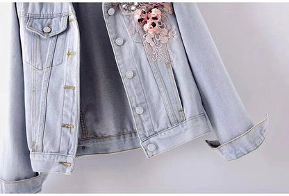 Womens Autumn Floral Emroidery Long Sleeve Jean Denim Coats